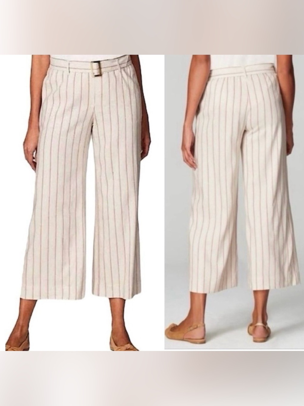J. Jill Linen Blend Stretch Striped Crop Pants w. Belt - Beige Brown - Sz L